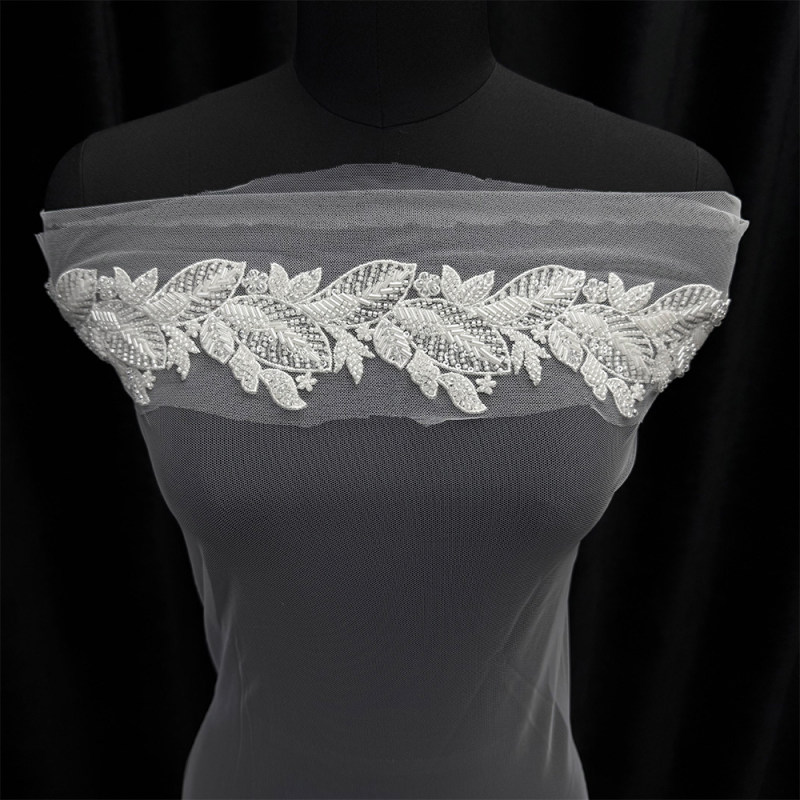 GCW-35-JYB012CEF-1 Beaded Leaf Lace Trim for Bridal Wedding Dresses